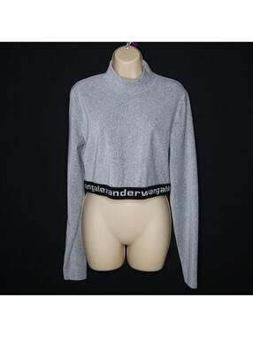 Women’s Alexander Wang T Gray Ribbed Cropped Long Sleeve Pullover Sz Large